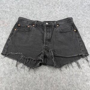 Levis 501 Original Cut Off Denim Shorts Washed Black W33 Button Fly Frayed Hem
